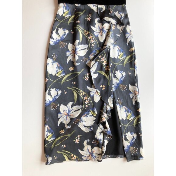 CINQ A SEPT Leena Floral Silk Charmeuse Ruffle Velvet Midi Sheath Dress, Size 2 - Picture 11 of 16